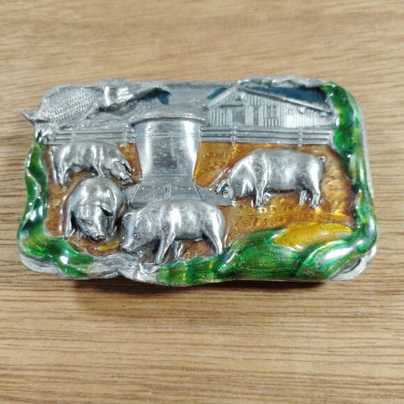 Bergamot Brass Works Other - Vintage Bergamot Brass Works Belt Buckle Farm Barn Pigs Corn 1984 USA Enamel